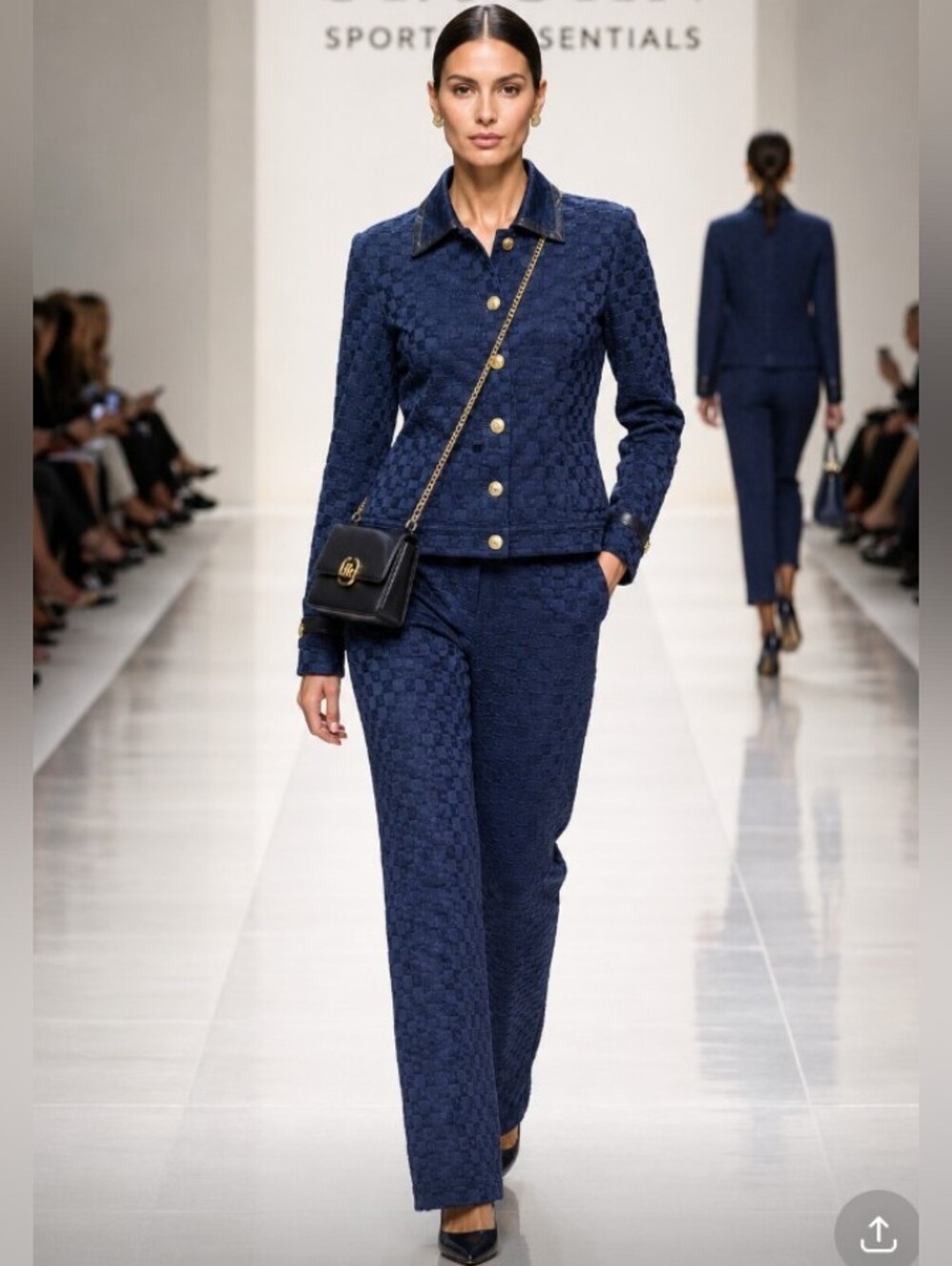 St. John Sports Navy Jacquard Logo Straight-Leg Pants Suit Goldtone Buttons M/8